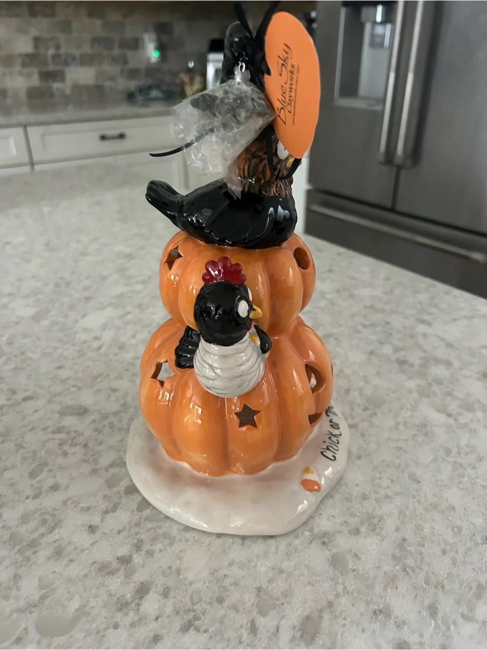 “New” Blue Sky Clayworks Halloween 'Chick or Treat' Pumpkin Stack Tea-light hldr